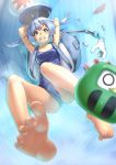  arms_behind_head backpack bag bare_legs barefoot blue_eyes blue_hair blurry braid clenched_teeth depth_of_field falling feet foreshortening hat hat_removed headwear_removed kawashiro_nitori mechanical_arm mossari_poteto one-piece_swimsuit randoseru school_swimsuit shield short_hair solo swimsuit teeth toe_scrunch touhou twin_braids water waterfall 