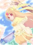  1girl blonde_hair bow cure_muse cure_muse_(yellow) fence hair_bow heart katori_(mocchidou) long_hair precure red_eyes shirabe_ako smile solo suite_precure tree 