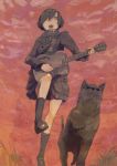  acoustic_guitar blush cat dog guitar hair_over_one_eye headphones highres instrument loafers marching nimirom open_mouth original scarf shoes short_hair skirt sky solo walking 