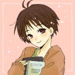  arms_over_chest blush book brown_eyes brown_hair idolmaster kikuchi_makoto lowres micho_n oekaki short_hair smile sweater 