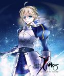  ahoge armor armored_dress bad_id blonde_hair dress envy3103 fate/stay_night fate/zero fate_(series) faulds full_moon gauntlets green_eyes hair_ribbon invisible_air moon ribbon saber title_drop 