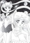  1girl 2girls 90s artist_request bishoujo_senshi_sailor_moon dated double_bun dual_persona earth elbow_gloves facial_mark finger_to_mouth forehead_mark gloves hair_ornament lipstick looking_at_viewer makeup monochrome moon multiple_girls official_style pleated_skirt princess_serenity sailor_moon signature skirt takai_miki tsukino_usagi 