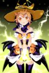  blonde_hair breasts cleavage corset demon_wings dress electricity fingerless_gloves flower gloves hat jack-o'-lantern lightning_bolt lowres open_mouth parfunte pumpkin skirt solo sword_girls thigh-highs thighhighs wings witch witch_hat yellow_eyes 