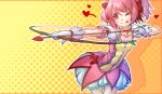  &gt;_&lt; ;p arrow bow_(weapon) bubble_skirt choker dress gloves halftone halftone_background heart kaname_madoka magical_girl mahou_shoujo_madoka_magica orange_background peko-chan pink_eyes pink_hair rheez short_twintails solo soul_gem tongue tongue_out twintails weapon wink yellow_background 