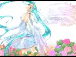  aqua_eyes aqua_hair dress elbow_gloves flower gloves hatsune_miku letterboxed long_hair looking_back orange_rose pink_rose purple_rose rose see-through shinohara_yui solo twintails very_long_hair vocaloid wings yellow_rose 