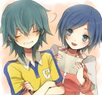  1girl blue_eyes blue_hair blush closed_eyes crossed_arms eyes_closed holding inazuma_eleven inazuma_eleven_(series) inazuma_eleven_go kariya_masaki kurodeko open_mouth photo_(object) short_hair sorano_aoi 