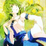  bad_id detached_sleeves green green_eyes green_hair hair_ornament hand_on_hip hand_on_own_chest japanese_clothes kochiya_sanae looking_at_viewer looking_down miko smile snake solo touhou yukizen 