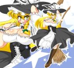  blonde blonde_hair blush boots braid breasts broom chyaramu cleavage dress female hat highres kirisame_marisa large_breasts long_hair long_skirt skirt solo standing touhou very_long_hair witch witch_hat yellow_eyes 