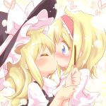  alice_margatroid ayakashi_(monkeypanch) blonde_hair blue_eyes blush braid capelet closed_eyes dress ear_blush eyes_closed hairband hat heart highres kirisame_marisa kiss lace long_hair multiple_girls pocky short_hair single_braid touhou witch witch_hat yuri 