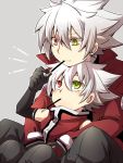  blazblue coat dual_persona green_eyes grey_background heterochromia kuro_yuzu male mouth_hold multiple_boys pocky ragna_the_bloodedge red_eyes spiked_hair spiky_hair white_hair young 