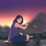  barefoot black_eyes black_hair cat cat_teaser catnip condensation_trail contrail efmoe feet highres indian_style long_hair original shorts sitting solo toes watch wristwatch 