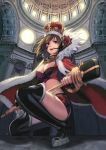  1girl black_boots boots bra breasts brown_hair cape church cleavage cloak crop_top crown dome fingerless_gloves gloves headset heart knee_boots lingerie meiko microphone midriff nail_polish one_knee open_mouth red_eyes smile solo thigh_boots thighhighs underwear vocaloid zipper 