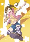  ;d belt blurry brown_eyes brown_hair depth_of_field foreshortening futami_mami hooded_jacket idolmaster kicking midriff mofu navel open_mouth outstretched_arm shorts side_ponytail smile solo striped striped_legwear thigh-highs thighhighs wink 
