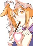  animal_ears blush bust dearmybrothers fox_ears hat heart heart_hands looking_at_viewer mouth_hold pocky solo touhou yakumo_ran yellow_eyes 