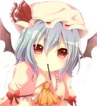  ascot bad_id bat_wings blue_hair hat mouth_hold pocky red_eyes remilia_scarlet short_hair solo touhou wings yamasuta 