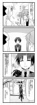  2girls 4koma =_= arms_behind_back brand_name_imitation camera canon_(company) comic dress_shirt glasses hair_ribbon labcoat long_hair minami_(colorful_palette) monochrome multiple_girls necktie open_mouth original ponytail ribbon rocket_punch shirt smile tailcoat translation_request twintails upside-down window 