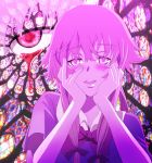 blood bloody_tears blush bow eyes gasai_yuno hair_bow hands_on_own_cheeks hands_on_own_face mirai_nikki stained_glass yandere yandere_trance 