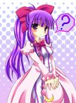  ? alternate_hairstyle blush bow breasts crescent dress hair_bow hat hat_removed headwear_removed long_hair patchouli_knowledge ponytail purple_eyes purple_hair solo touhou violet_eyes whitey 