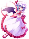  ascot bat_wings blue_hair bow hand_on_own_face hand_to_face hat hat_ribbon mary_janes minato0618 red_eyes remilia_scarlet ribbon shirt shoes short_hair single_wing skirt skirt_set smirk solo touhou wings wrist_cuffs wrist_ribbon 
