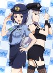  cosplay hat highres idolmaster long_hair miura_azusa multiple_girls police police_officer police_uniform policewoman shijou_takane short_hair skirt smile taku1122 thighhighs uniform 