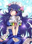  alternate_costume arms_behind_back blue_hair enmaided flat_chest food fruit gibuchoko highres hinanawi_tenshi long_hair looking_at_viewer looking_back maid maid_headdress open_mouth peach purple_eyes smile solo touhou very_long_hair violet_eyes 