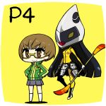  blush_stickers brown_eyes brown_hair chan_co chibi glasses hands_on_hips persona persona_4 satonaka_chie short_hair smile standing tomoe_(persona_4) track_jacket yellow-framed_glasses 