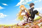  1girl back-to-back black_hair blonde_hair boots breasts closed_eyes cloud coat couple eyes_closed flower gloves hand_holding holding_hands jude_mathis long_hair midriff milla_maxwell navel outdoors pants satsu sitting sky smile tales_of_(series) tales_of_xillia taut_shirt tubetop wariza 