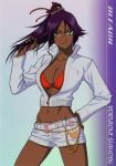  1girl belt bleach bow bra breasts chain chains cleavage dark_skin hair_bow hand_on_hip highres hips hotpants large_breasts lingerie long_hair midriff official_art ponytail purple_hair scan shihouin_yoruichi short_shorts shorts solo underwear yellow_eyes 