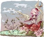  angel_wings blush cape cloud flower hair_flower hair_ornament hands_clasped hat highres original pink_hair pink_rose pond red_rose rose shirt skirt sky smile solo wings wrist_ribbon yuya_(night_lily) 