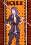  2011 bracelet coat hand_on_hip hips jewelry lancelot42991 long_hair male mouth_hold over_shoulder pants pocky purple_eyes purple_hair solo tales_of_(series) tales_of_vesperia violet_eyes yuri_lowell 