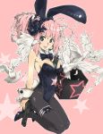  animal_ears between_breasts bird black_legwear bow bowtie box breasts bunny_ears bunny_girl bunnysuit cleavage detached_collar dove fake_animal_ears flower grey_eyes gun hair_flower hair_ornament haku_(artist) haku_(sabosoda) handgun headset jumping leg_ribbon leotard mole open_mouth original pantyhose pink_hair ponytail radio smile solo star weapon wrist_cuffs 