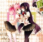  akemi_homura black_hair blush english eye_contact hairband hand_holding holding_hands kaname_madoka looking_at_another mahou_shoujo_madoka_magica multiple_girls pantyhose patatata pink_eyes pink_hair pocky pocky_kiss postage_stamp school_uniform shared_food stamp thigh-highs thighhighs twintails yuri 