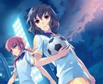  2boys ball black_hair blue_eyes brown_eyes brown_hair building cloud dusk highres inazuma_eleven inazuma_eleven_(series) inazuma_eleven_go kirino_ranmaru lightning_bolt long_hair multiple_boys open_mouth outdoors pink_hair raimon shindou_takuto short_hair soccer soccer_ball soccer_uniform tousaki_umiko tree twintails 