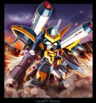  beam_rifle border calamity_gundam cannon chibi clenched_hand embers fist gun gundam gundam_seed kaz_(kaz323) mecha shield signature smoke solo text weapon 