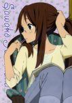  adjusting_hair brown_eyes brown_hair couch glasses hand_in_hair highres indoors k-on! long_hair magazine mouth_hold official_art pants profile room rubber_band scan sitting solo yamanaka_sawako 