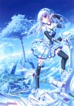  1girl absurdres aircraft black_legwear blue_hair elbow_gloves giant_tree gloves highres holographic_interface huge_filesize original pointy_ears tagme tenmaso thigh-highs violet_eyes 