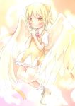  absurdres alternate_color alternate_element alternate_eye_color alternate_hair_color angel_wings bad_id blonde_hair blush bow cirno dress feathers glowing glowing_wings hair_bow hands_clasped highres open_mouth sakuraba_hikaru_(artist) short_hair solo touhou wings yellow_dress yellow_eyes 