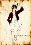  character_name faux_traditional_media hand_on_hip hat highres hips looking_at_viewer male monkey_d_luffy monochrome one_piece sagatsune sandals scar sepia short_hair shorts smile smirk solo spot_color straw_hat 