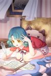  barefoot bed blanket bloomers blush book bow leaning_forward lowres night night_sky on_bed open_mouth paper pillow quill seiza shirt short_hair sitting sky solo sweatdrop sword_girls window yellow_eyes 