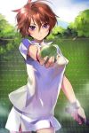  brown_hair lowres outstretched_arms pleated_skirt purple_eyes racket short_hair skirt solo sport sportswear striped sword_girls tennis tennis_ball tennis_uniform tree violet_eyes wristband 