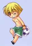  1boy ball blonde_hair chibi child child_gilgamesh fate/hollow_ataraxia fate/stay_night fate_(series) gilgamesh male open_mouth red_eyes sandals short_hair shorts smile soccer_ball takeuchi_takashi topless wink 
