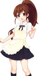  apron brown_eyes brown_hair footwear irimo long_hair open_mouth ponytail ribbon skirt smile socks solo taneshima_popura very_long_hair waitress working!! 