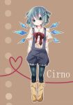  argyle argyle_legwear boots character_name cirno contemporary doraemon_(artist) green_eyes hair_ornament hairclip heart heart_of_string overalls pantyhose shorts standing suspenders touhou 