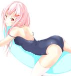  blush guilty_crown hair_ornament hairclip long_hair off_shoulder one-piece_swimsuit open_mouth pink_hair red_eyes solo swimsuit thigh-highs thighhighs weeeeen white_legwear yuzuriha_inori 