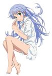  :3 barefoot blue_hair dress_shirt face feet green_eyes hands highres index long_hair shirt simple_background sleeves_rolled_up smile smile_(rz) solo to_aru_majutsu_no_index toes white_shirt 