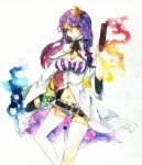 adapted_costume belt breasts capelet cleavage cleavage_cutout no_hat no_headwear okayamakoto patchouli_knowledge purple_eyes purple_hair short_hair solo thigh-highs thighhighs touhou traditional_media vial violet_eyes watercolor_(medium) white_legwear zettai_ryouiki 