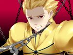  angry armor blonde_hair chain chains earrings fate/stay_night fate_(series) gilgamesh haitei jewelry male red_eyes shaded_face short_hair solo 