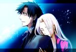  1girl aonome black_hair blue_eyes closed_eyes couple emiya_kiritsugu eyes_closed fate/stay_night fate/zero fate_(series) hug hug_from_behind husband_and_wife irisviel_von_einzbern long_hair necktie 