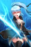  bangs blue_hair breasts cleavage coat electricity fingerless_gloves gloves large_breasts long_hair lowres luthica_preventer luticar open_mouth panties ponytail red_eyes solo sword sword_girls thigh-highs thighhighs underwear weapon 