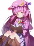  blush book boots capelet crescent dress gomibox2021 hair_ribbon hat long_hair multicolored_dress patchouli_knowledge pink_dress pink_eyes pink_hair reading ribbon sitting solo striped striped_dress touhou upskirt 